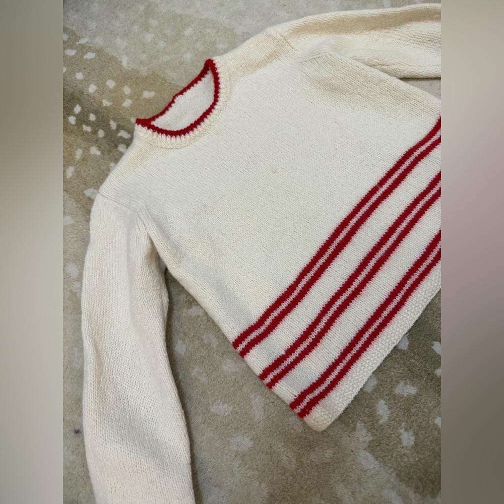Vintage Unbranded Cream Wool Blend Knit Sweater Red Stripe Preppy Cottage core - Picture 4 of 7